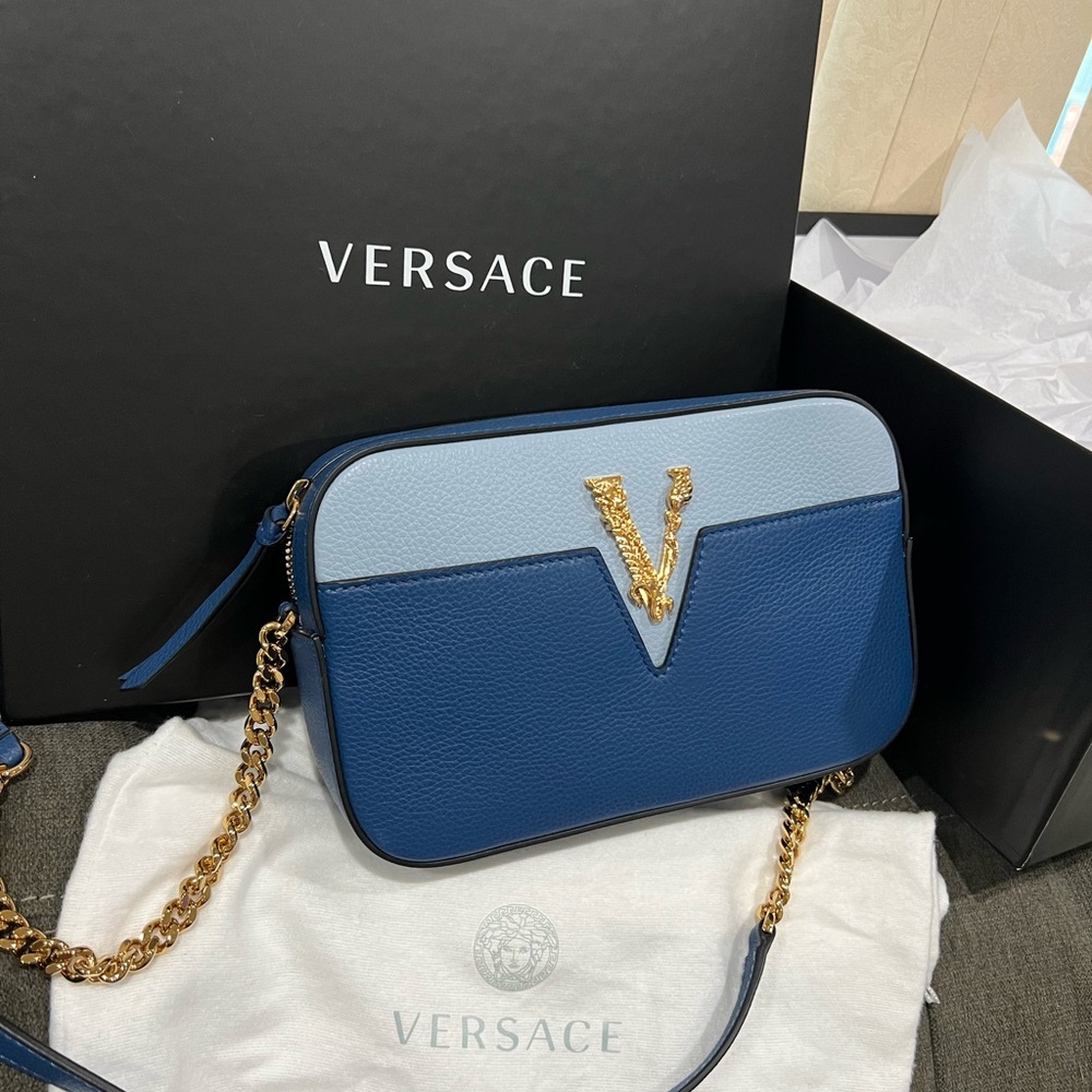 New Versace V Logo Crossbody Bag with Gold Chain